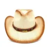 Mode Femmes Hommes Paille Western Cowboy Chapeau Avec Feuilles Bande Pour Dame Papa Tissage À La Main Hombre Cowgirl Jazz Caps Taille 58 CM 240130