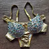 Kvinnors badkläder Vikinii Luxury Diamond Gold Biquinis 2023 Sexig Girl Crystal Bikinis Kvinnliga badkläder Rhinestone Push Up Swimsuits Women Club Wear J240131