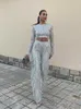 Women's Two Piece Pants Tassel Sequin Womens 2-piece Set Autumn Silver Silk O-Neck Crop Top Wide Leg Pants Womens Set Fashion Street Womens Set J240202