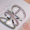 Cluster Ringen Eenvoudige Geometrische Dubbele Lijn Kruis Echte Sterling Zilver Kleur Ring Uitgeholde Trendy Fijne Sieraden Voor Charme Vrouwen Bijoux