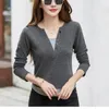 Lente Herfst Dames Trui Vneck Patchwork Effen Knop Lange Mouw T-shirt Hemd Mode Kantoor Dame Casual Tops 240130