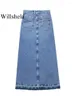 Jupes Willshela Femmes Mode Denim Bleu Solide Avant Fermeture À Glissière Maxi Jupe Vintage Taille Haute Femme Chic Dame