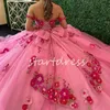 Prinsessan Rose Pink Quinceanera klänningar från axlarna Blomma blommor bollklänning söt 15 sexton födelsedagsfest klänning charro bow vestidos de xv debutante mexican 2024