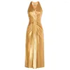 Casual Dresses GK Women Surplice V-Neck Dress Hips-wrapped Cut-Out Shoulder Maxi Gold Shiny Party Ruched Design Evening