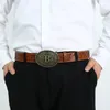 Bälten Western denim Zinc Alloy Letter Buckle Leather Top Line Retro Flower Orange Belt Men's and Women's äkta