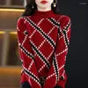 Pulls pour femmes 2024 Vintage Femme Vêtements Argyle Imprimé Mode Géométrique Épissé Automne Hiver Tout-Match Demi Col Haut Pulls