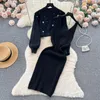 Work Dresses Winter Beading Knitted Suits Women Loose Long Sleeve Pullover Midi Dress Fashion Warm Sweater Two Piece Sets