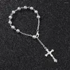 Link Bracelets KOMi 6mm Holle Rozenkrans Catholic Religious Rosary Jesus Charm Hollow Bead Rose Bracelet Charms Cross R-175