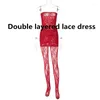 Casual Dresses 3 Pieces Women Mini Dress Leggings Gloves Matching Set 2024 Club Party See Through Black Red Lace Suit Outfits