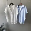 Women's Blouses Ladies Summer Linen Short Sleeve Shirt Women Collared Button Up Lapel Blue White Fashion Streetwear Thin Light Office Wear