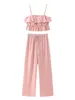 Calças femininas de duas peças Chicheca Ruffles Crop Top Wide Leg Set Mulheres Verão Cetim Outfits Primavera Praia Sexy Terno Rosa 2024 Feminino