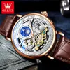 OLEVS Mondphase Mechanische Uhr Männer mit Dual Zeitzone Anzeige Wasserdichte Automatische Skeleton Herren Uhren Top Marke Luxus 240130