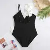 Women's Swimwear White Flower Swimsuit Women 2023 High Waist Skirt Bikini Black 3 Piece Monokini Brazilian Conservative Bathing Suit Swimwear QJY J240131