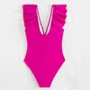 Damska odzież kąpielowa seksowna róża Rose Ruffled One Piece Swimsuit Kobiet V Neck Kobieta Monokini Bather Kąpiel Brazylijska pływanie na plaży