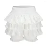 Kvinnors shorts kvinnor mode bloomers sommarkläder lolita fast färg 3d skrynklig skiktade ruffle elastiska midja korta byxor