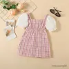 Girl's Dresses Bear Leader Children Clothing Korean Style Tweed Plaid Pearl Button Small Fur Ball Decoration Fragrant Style Bubble Sleeve Dress