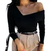 Kvinnors blusar Autumn T-shirt Top Slim Off Shoulder Solid Color Strapless Casual Rygglös för kontor