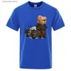 Homens camisetas Motocicleta Teddy Bear vestindo óculos de sol camiseta Homens Moda Tee Roupas Algodão Verão Casual Tops Hip Hop Solto Algodão T-shirt T240202