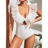 Mulheres Swimwear 2024 Halter Mulheres V Neck One Piece Swimsuit Verão Beachwear Ruffle Banheira Vintage Monokini Feminino