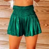 Women's Shorts Mardi Gras Women Smocked Elastic High Waist Wide Leg Short Pant Party Club Sparkly Metallic Pleated Ruffle Hem Flowy