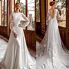 Vintage Wedding Dresses Appliques Lace Bridal Gowns A Line Backless Sweep Train Long Sleeve Bride Dresses Custom Made Plus Size