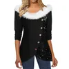 Women's Blouses Women Christmas Top Round Neck Button Sequin Decor Color Matching Thick Warm Pullover Long Sleeve Lady Fall Winter T-shirt