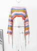 Women's Sweaters Tassel Stripe Crop Top Women Sweater Loose Long Flare Sleeve Rainbow Female Pullover 2024 Autumn Sexy Off Shoulder Lady