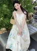 Casual Dresses Midi Women Sweet Loose Chic Holiday Lace-Up Summer Daily Elegant Simple All-Match Tender ärmlös koreansk stiltryck