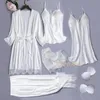 Weißes Seidenpyjama-Set für Damen, 5-teilig, Braut-Hochzeitsrobe, Nachthemd, sexy Spitze, Chemise, Nachtwäsche, Kimono, Bademantel, Kleid, Dessous 240126