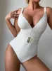 Damen-Bademode, einteiliger Damen-Badeanzug, reinweiß, V-Ausschnitt, Push-up-Badeanzug, Bauchkontrolle, Sommer-Badeanzug, Schnalle, eng anliegender Anzug, Monokini J240131