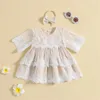 Flickaklänningar 0-4Y TODDLER Kids Girls Dress Flower Spets Half Sleeve Mesh Summer Princess Children Casual With Pannband