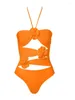 Dames Badmode In-X Hoge beenuitsnijding Eendelig badpak Dames 2024 Oranje bloemen Halter Monokini Damesbadpak