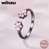 Cluster anneaux wostu réel 925 argent sterling charmant chat rose ouverture pour femmes animaux animaux ring girl bijou unique cadeau r913