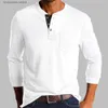 Camisetas para hombres Primavera / Otoño Nueva tendencia Camiseta Hombres Elegante Botón de moda Medio cuello abierto Color sólido Manga larga Bolsillo Top Hombres Camisas de cercanías T240202