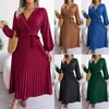 Casual Dresses Black Pleated Maxi Dress Women 2024 Spring Fashion V-neck Long Sleeve Party Woman Vintage Bow Belt High Waist