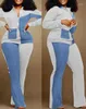 سراويل من قطعتين للسيدات مجموعة النساء 2024 أزياء الخريف أزياء الدنيم تبدو طباعة سستانية تصميم طوق طويل الأكمام أعلى عارضة