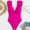 Damska odzież kąpielowa seksowna róża Rose Ruffled One Piece Swimsuit Kobiet V Neck Kobieta Monokini Bather Kąpiel Brazylijska pływanie na plaży