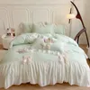 Bedding Sets Korean Princess Lace Bow Set Beauty Solid Color Ruffle Quilt Cover Luxury Girls Wedding Home Textiles