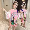 Girl Dresses Big Kids Girls Dress 2024 Summer Short Sleeve Cartoon Rabbit Doodle Flared 4-12