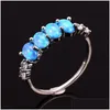 Anneaux de mariage Trendy Blue Fire Opal Bague de fiançailles Single Row Petite pierre ovale Vintage Sier Couleur pour femmes Boho Jewelrywedding Drop Dhvbc