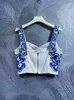 100% bomullstoppar tees mode sommar kvinnor backless blå och vit porslin tryck korta camis toppar