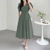 Sukienki swobodne Vonda Elegancka sukienka biurowa 2024 Kobiety Lapel Short Puff Sleeve Długie koszula Sundress moda solidna plisowana szlafrok