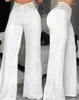 Kvinnors byxor 2024 Fashion Wide Leg White Pant Office Elegant Sheer Mesh Patch Trousers Casual High midja blossade svarta kvinnokläder