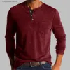 남자 티셔츠 스프링/가을 새로운 트렌드 티셔츠 남자 우아한 패션 버튼 반 오픈 칼라 단색 긴 소매 포켓 탑 남자 통근자 셔츠 T240202
