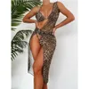 Kvinnors badkläder Sexig Leopard 3-delad baddräkt Kvinnor 2023 Solskyddsmedel Split Bikini Long Beachskirt Triangle Cup Halter Backless Bathing Suit J0131