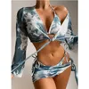 Costumi da bagno da donna 2024 Stampa tie-dye Costume da bagno a 4 pezzi Donna Sexy Mesh Cover Up Manica lunga Bikini Fasciatura Nodo Costume da bagno Perizoma Gonna Costumi da bagno J240131