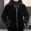 Pälsjacka Mens huva och integrerad hela Mink Cardigan förtjockad Vinterimitation Coat XM75