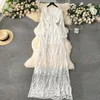 Casual Dresses Vintage Heavy Embroidered Lace Maxi Dress Sexy Deep V-Neck Slim Party Gown Women Full Sleeve Beach Vacation Long