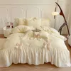 Bedding Sets Korean Princess Lace Bow Set Beauty Solid Color Ruffle Quilt Cover Luxury Girls Wedding Home Textiles