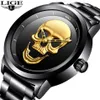 Relogio Masculino Lige Mens Watches Skull Watch Men's Military Sports Watch Men Waterproof Stainless Steel Gold Quartz Clock 198R